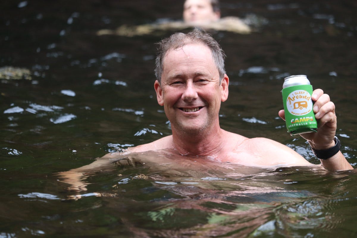 Nigel shows off a CAMPS stubby holder that made it to Florence Falls, Litchfield National Park, Northern Territory